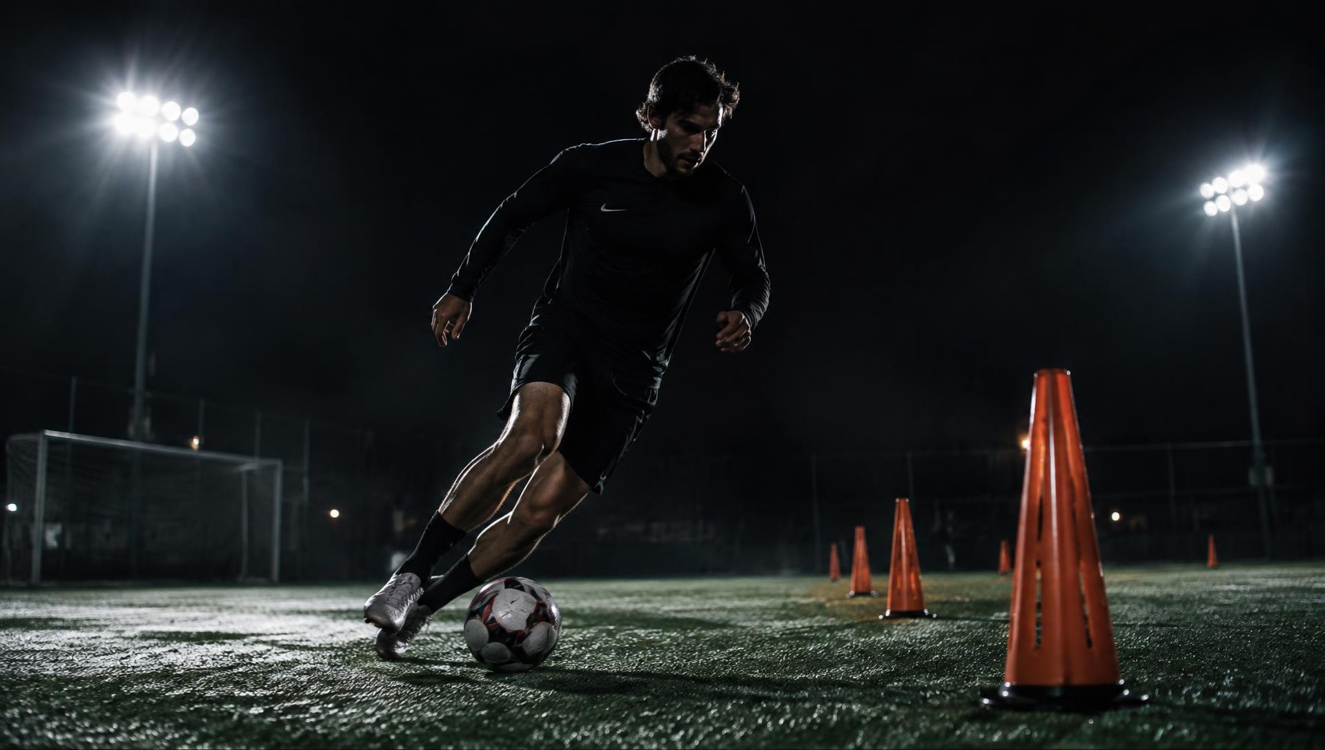 Soccer player training under floodlights